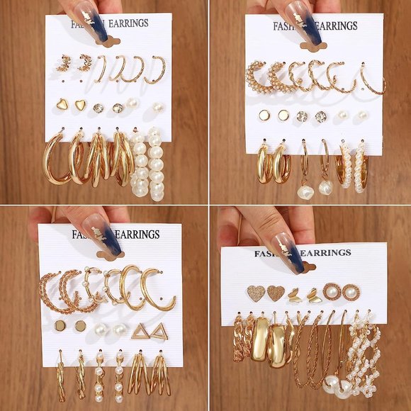 Women Gold 36 Pairs Pearl Chain Link Stud Drop Dangle Earrings Set - Picture 4 of 6